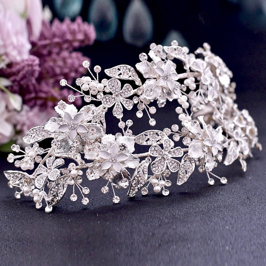 Wedding Hair Accessories - Silver Pearl and Crystal Bridal Double Headband/Vine