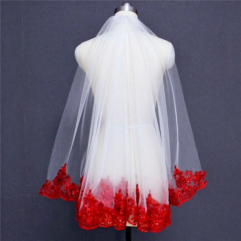 Wedding Veils - Red Lace Fingertip Length Bridal Veil