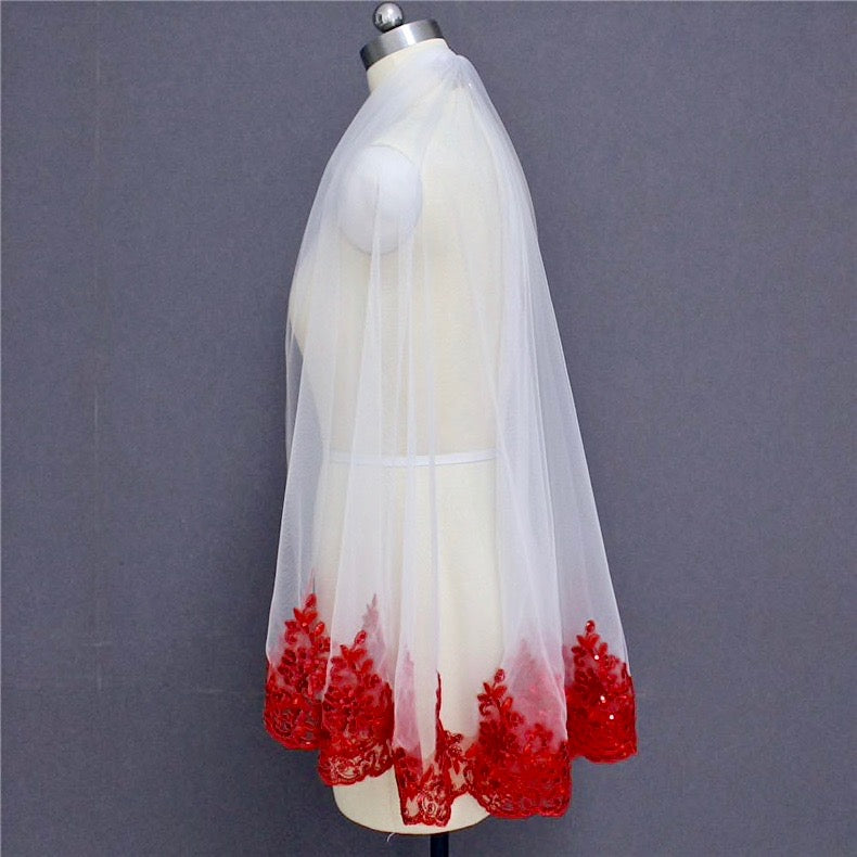 Wedding Veils - Red Lace Fingertip Length Bridal Veil