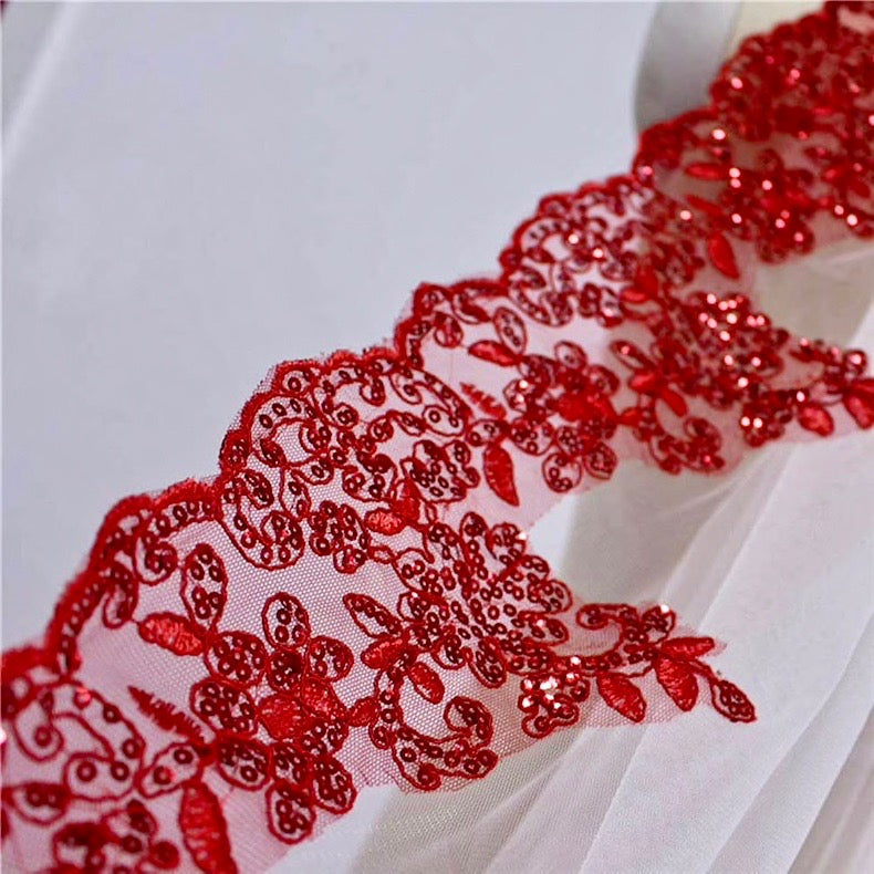 Wedding Veils - Red Lace Fingertip Length Bridal Veil