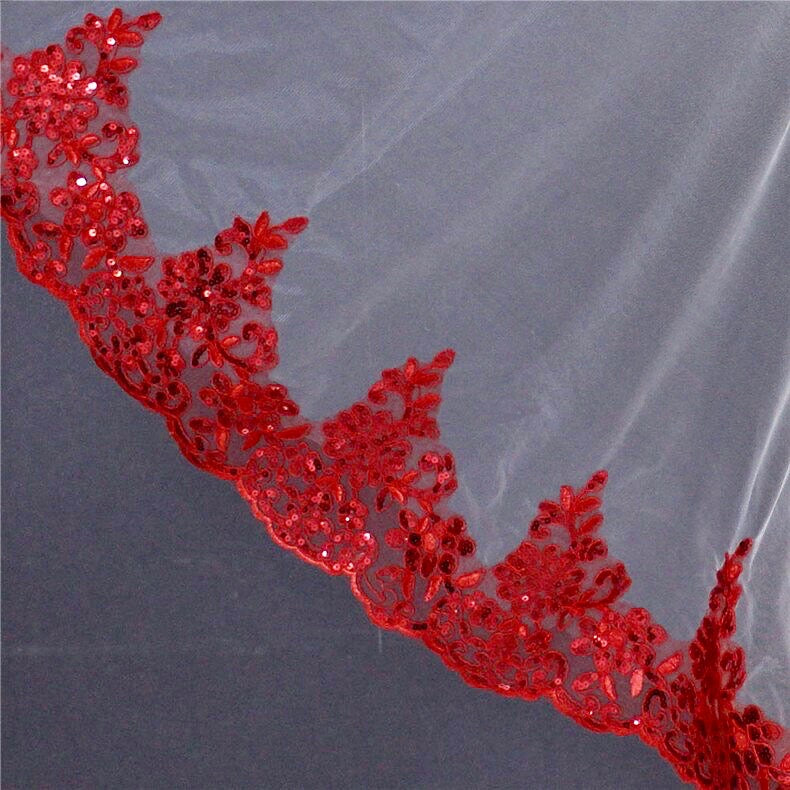 Wedding Veils - Red Lace Fingertip Length Bridal Veil