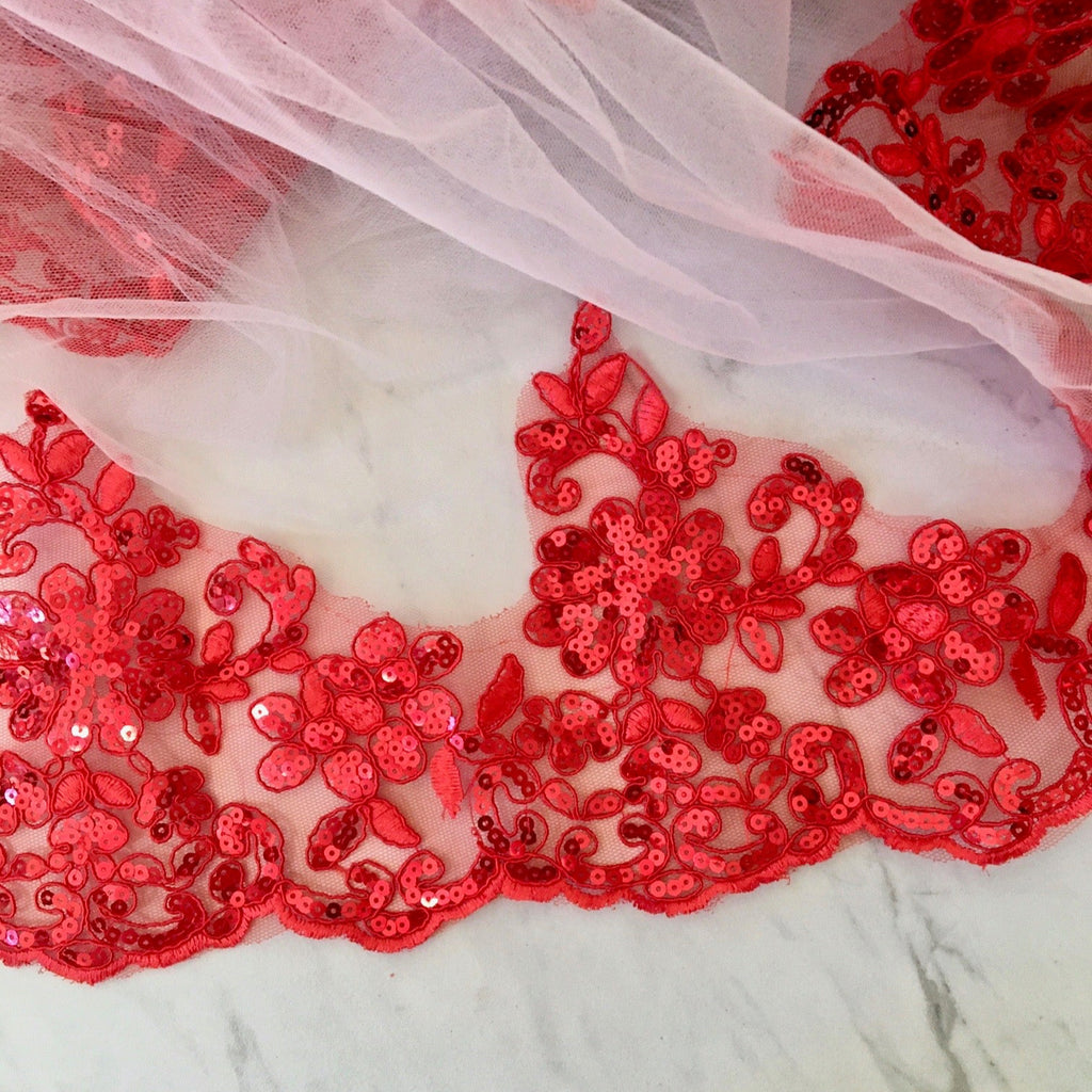 Wedding Veils - Red Lace Fingertip Length Bridal Veil