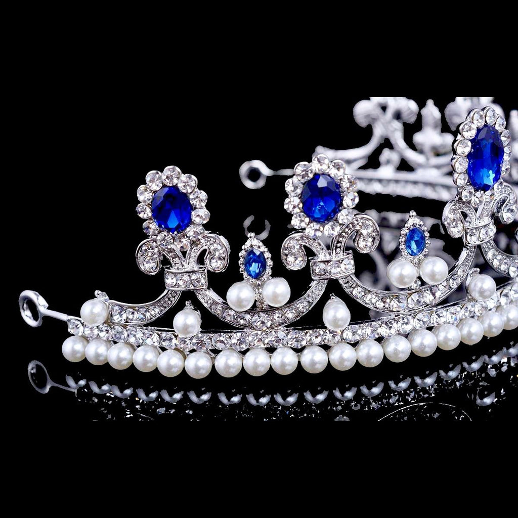 Wedding Hair Accessories - Blue Crystal and Pearl Bridal Tiara