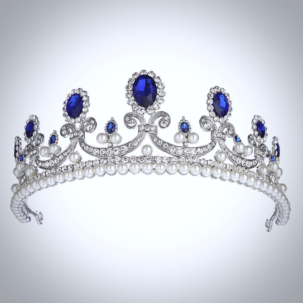 Wedding Hair Accessories - Blue Crystal and Pearl Bridal Tiara