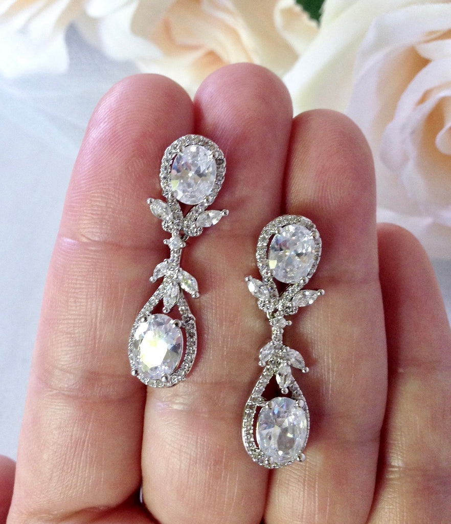 Wedding Jewelry - Silver Cubic Zirconia Bridal Earrings