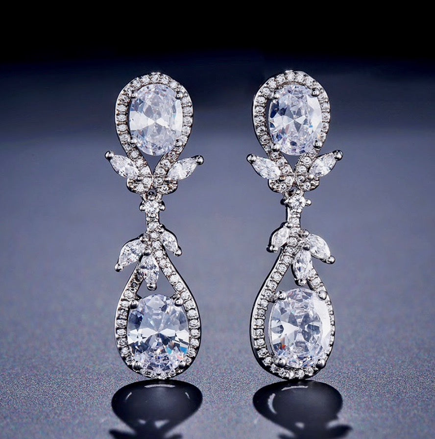 Wedding Jewelry - Silver Cubic Zirconia Bridal Earrings