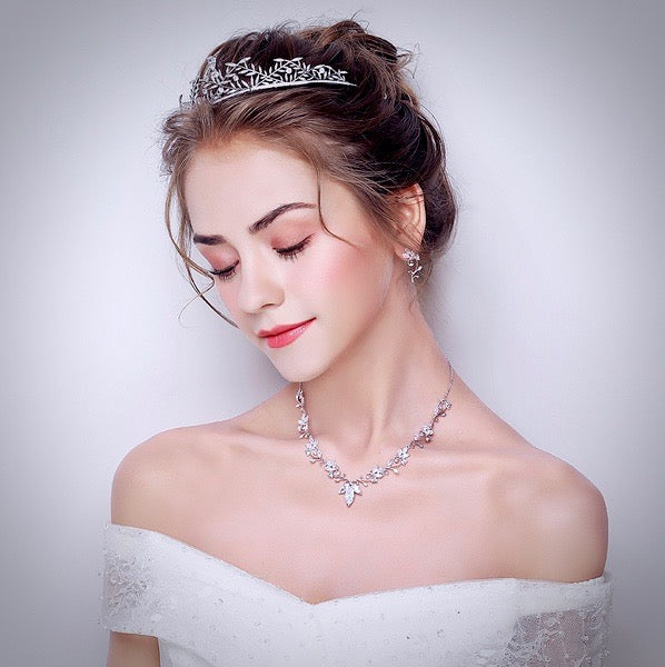 Wedding Jewelry and Accessories - Silver Cubic Zirconia Bridal 3-Piece Jewelry Set With Tiara