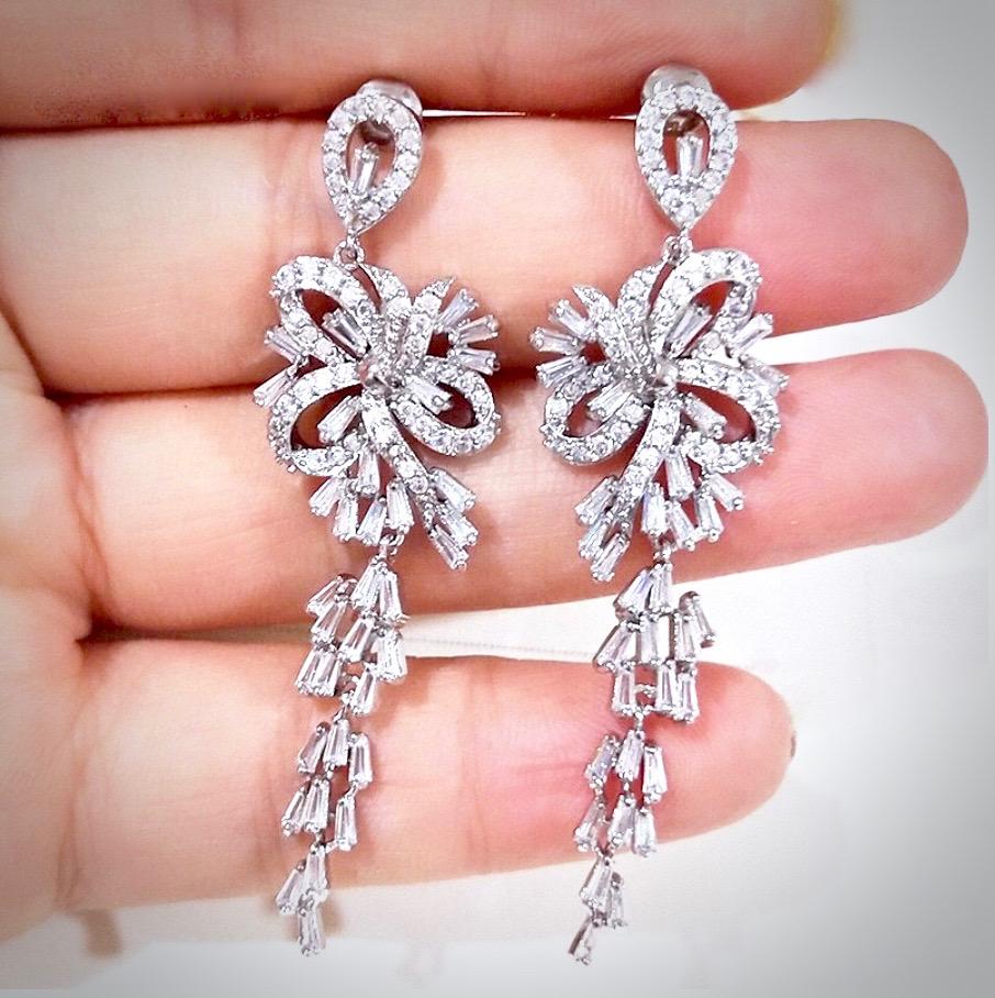 Wedding Jewelry  - Silver Cubic Zirconia Bridal Earrings