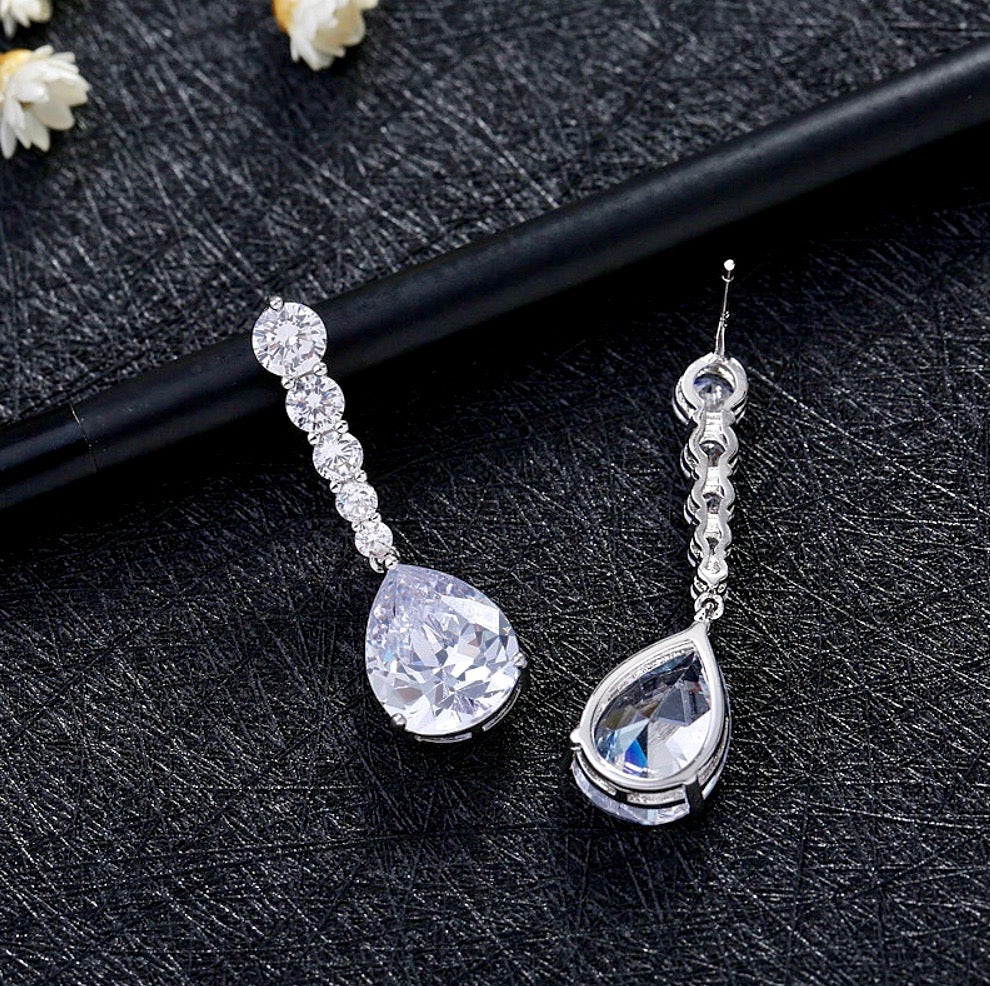 Wedding Jewelry - Silver Cubic Zirconia Bridal Earrings