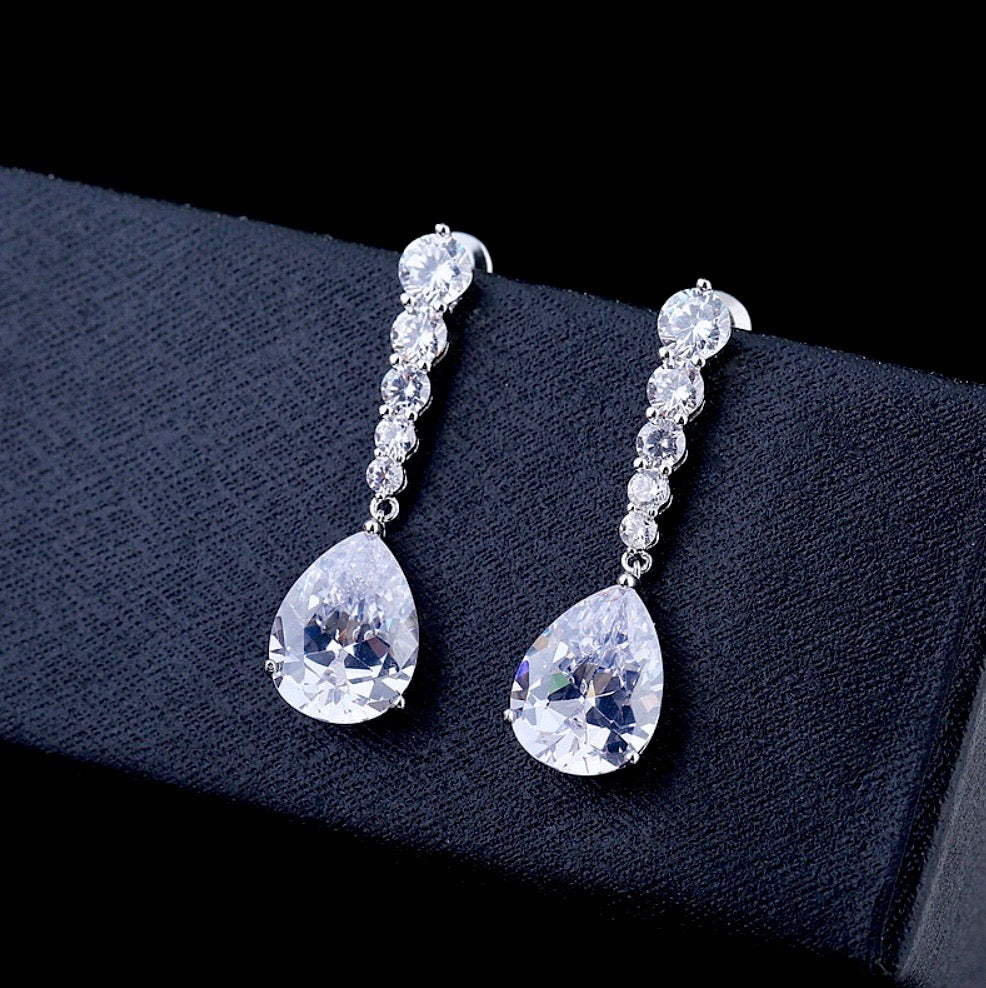 Wedding Jewelry - Silver Cubic Zirconia Bridal Earrings