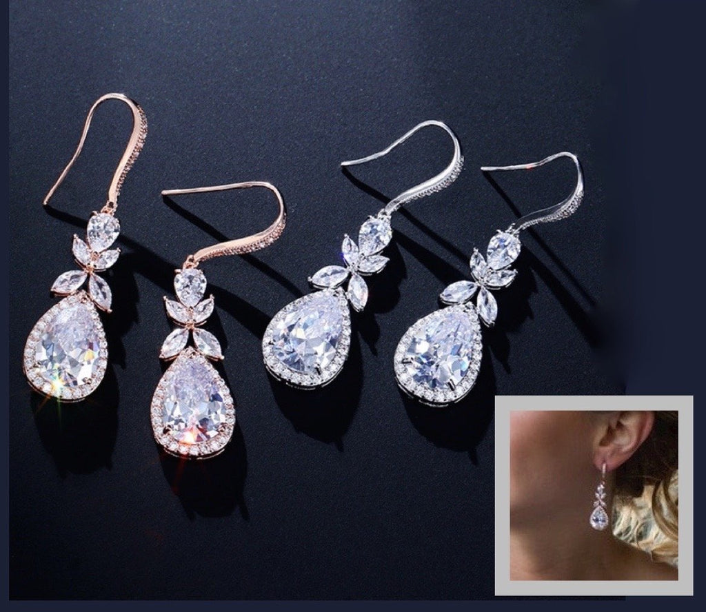 Wedding Jewelry - Cubic Zirconia Bridal Earrings - Available in silver and Rose Gold