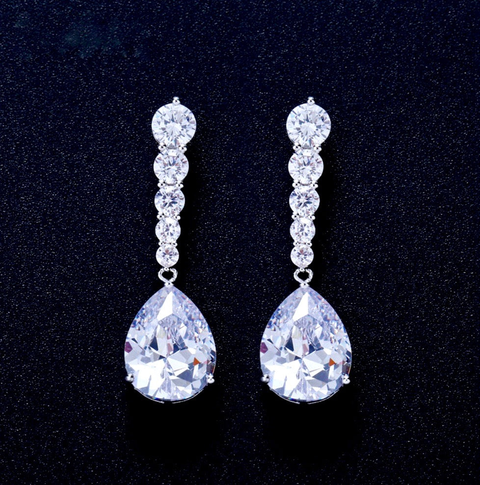 Wedding Jewelry - Silver Cubic Zirconia Bridal Earrings