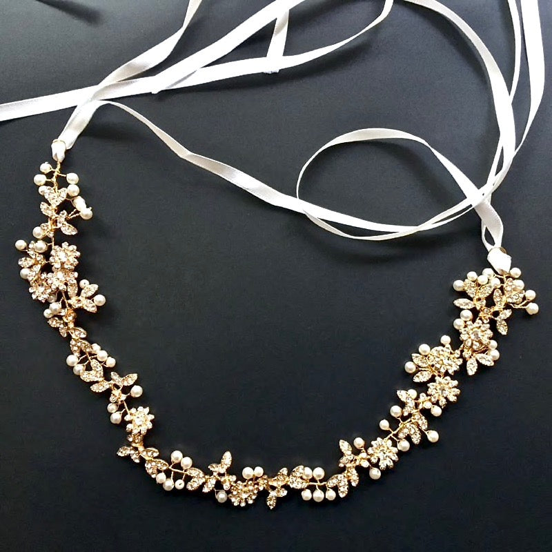Wedding Hair Accessories - Vintage Gold Pearl and Crystal Bridal Headband