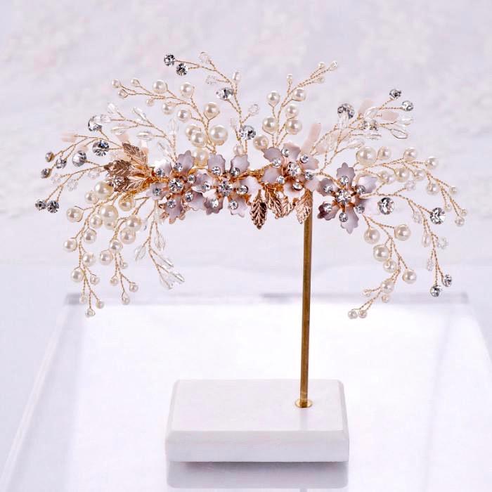 Wedding Hair Accessories -  Rose Gold Pearl and Crystal Bridal Hair Clip