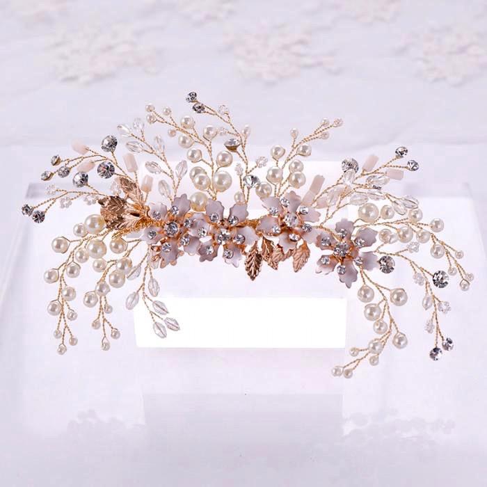 Wedding Hair Accessories -  Rose Gold Pearl and Crystal Bridal Hair Clip