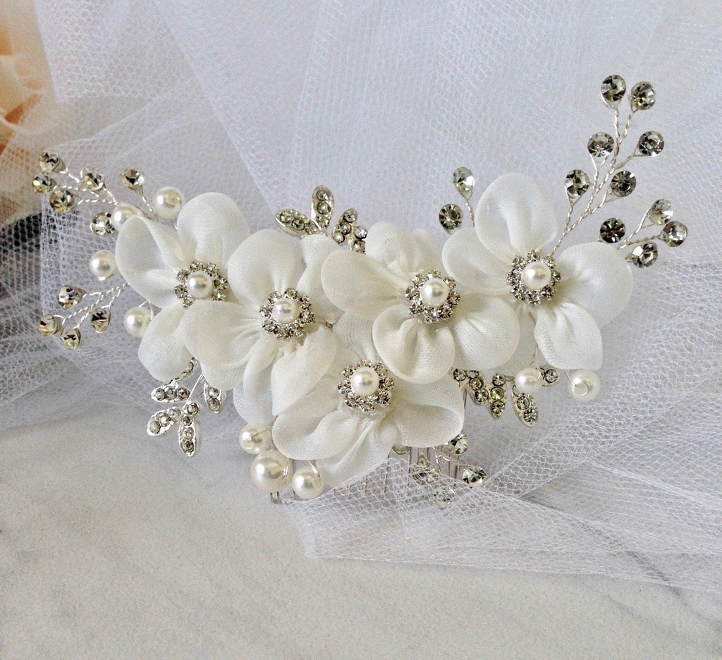 Wedding Hair Accessories - Silver Pearl and Crystal Bridal Hair Comb/Clip