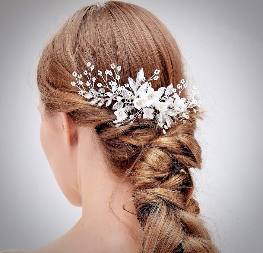 Wedding Hair Accessories - Ceramic Flowers Bridal Hair Comb - Available in Silver, Rose Gold and Yellow Gold