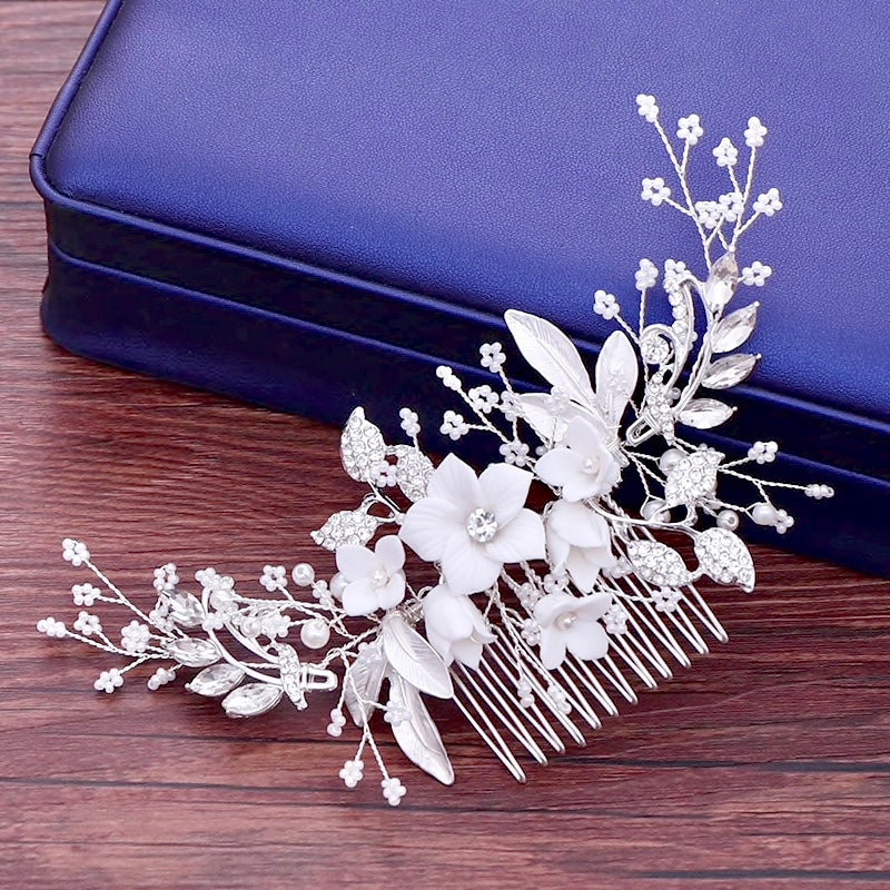 Wedding Hair Accessories - Ceramic Flowers Bridal Hair Comb - Available in Silver, Rose Gold and Yellow Gold