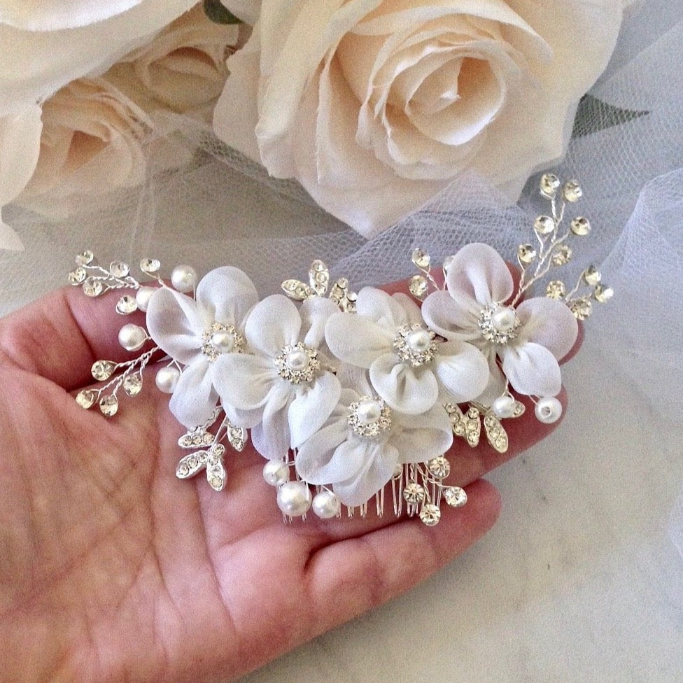Wedding Hair Accessories - Silver Pearl and Crystal Bridal Hair Comb/Clip