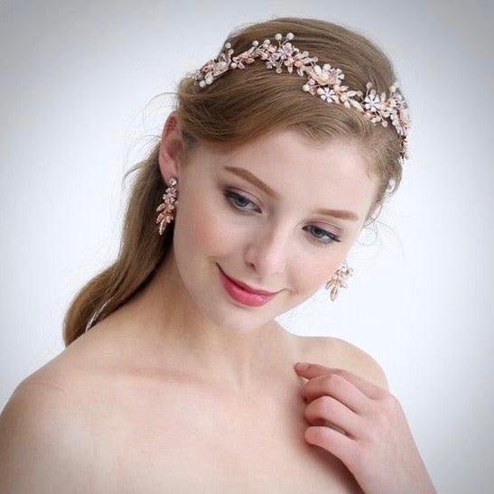 Wedding Hair Accessories - Rose Gold Pearl and Crystal Bridal Headband With Matching E