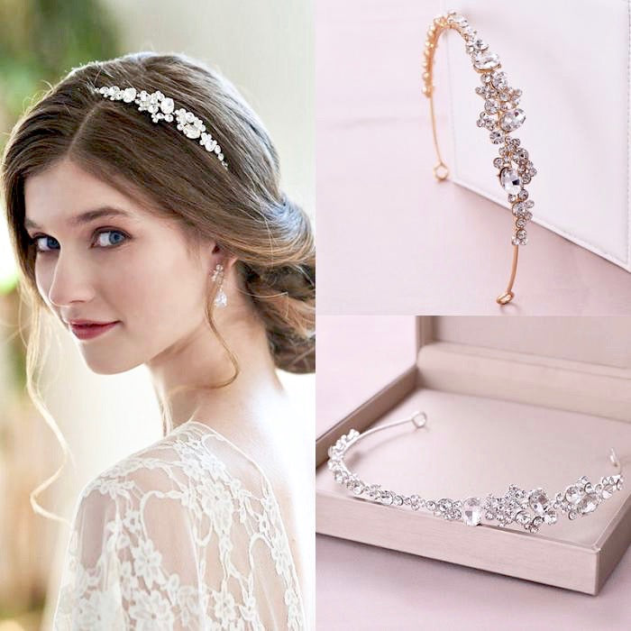 Wedding Hair Accessories - Crystal Bridal Side Headband - Available in Rose Gold and Silver