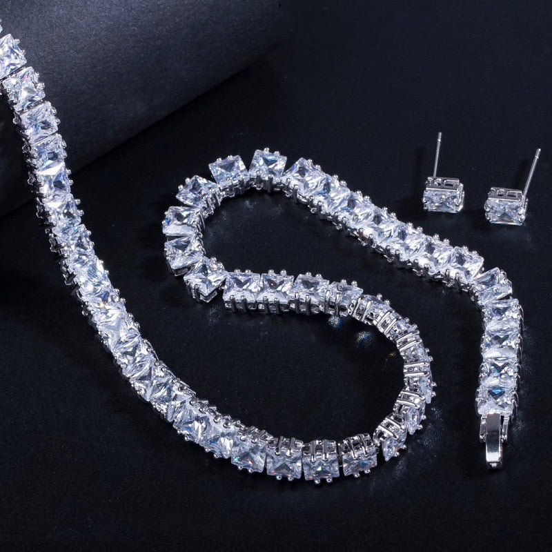 Wedding Jewelry - Silver Cubic Zirconia Bridal Three-Piece Jewelry Set