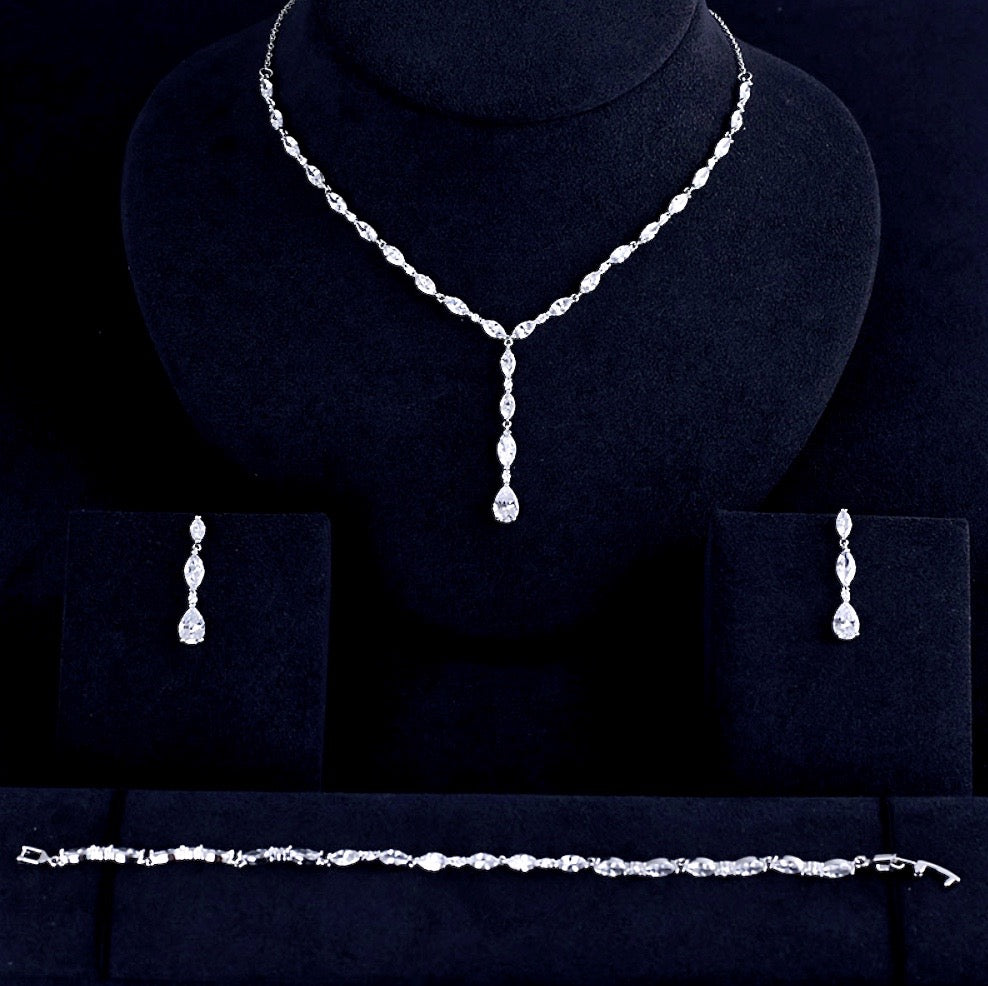 Wedding Jewelry - Silver Cubic Zirconia Bridal Three-Piece Jewelry Set - Available in Silver and Rose Gold