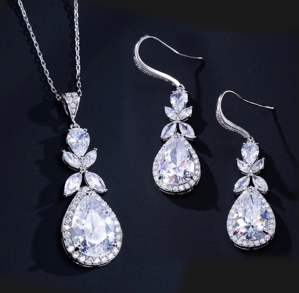 Wedding Jewelry - Cubic Zirconia Bridal Backdrop Necklace and Earrings Set