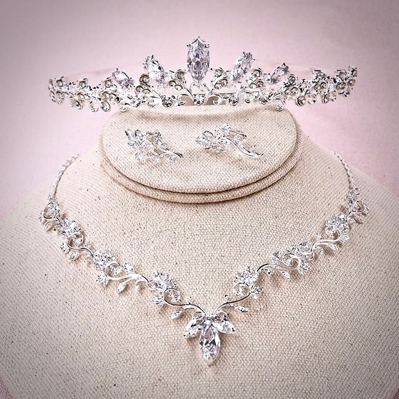 Wedding Jewelry - Silver Cubic Zirconia Bridal 3-Piece Jewelry Set With Tiara