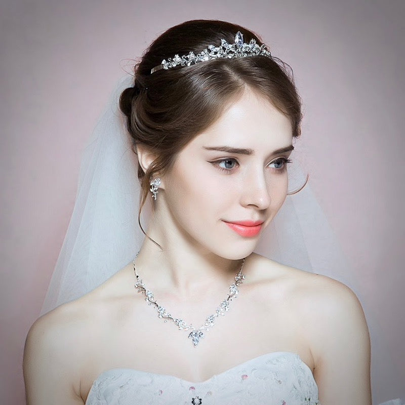 Wedding Jewelry - Silver Cubic Zirconia Bridal 3-Piece Jewelry Set With Tiara