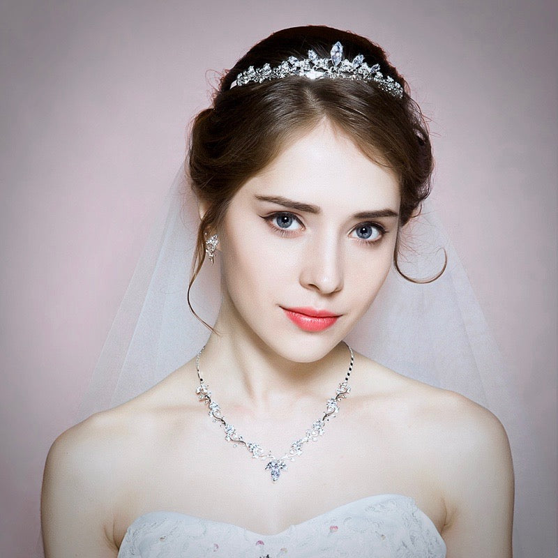 Wedding Jewelry - Silver Cubic Zirconia Bridal 3-Piece Jewelry Set With Tiara