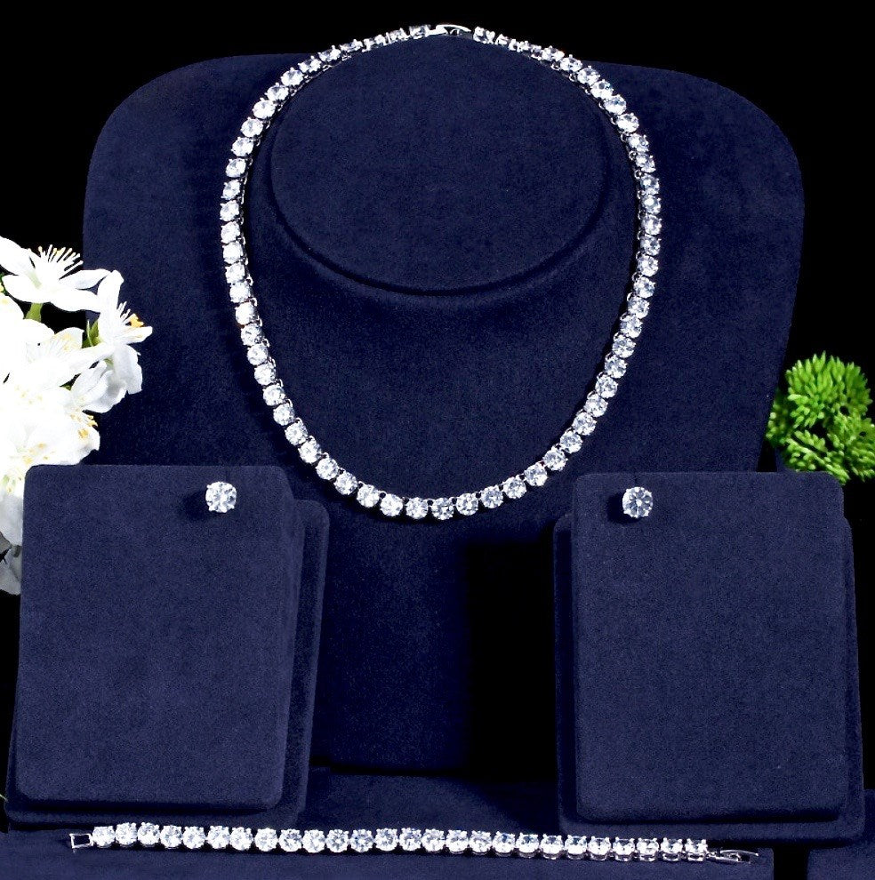 Wedding Jewelry - Silver Cubic Zirconia Bridal Three-Piece Jewelry Set