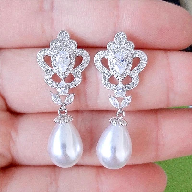 Wedding Jewelry - Pearl and Cubic Zirconia Bridal Earrings