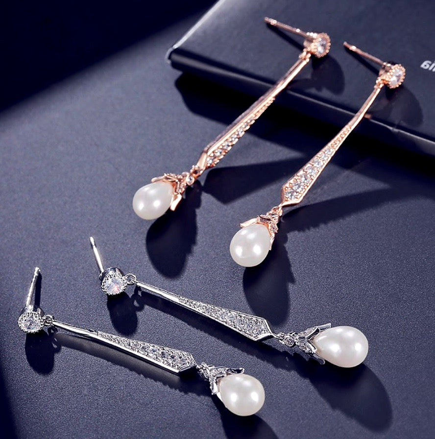 Wedding Jewelry - Art Deco Pearl and Cubic Zirconia Bridal Earrings - Available in Silver, Rose Gold and Yellow Gold