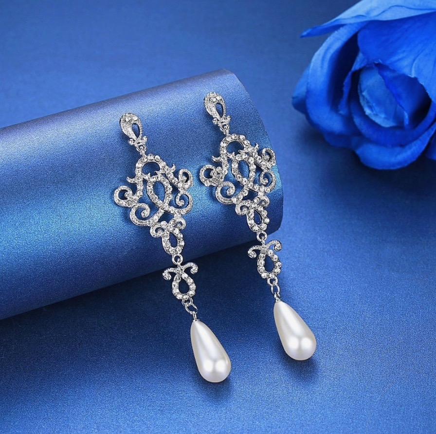 Wedding Jewelry - Rhinestone and Pearl Bridal Earrings