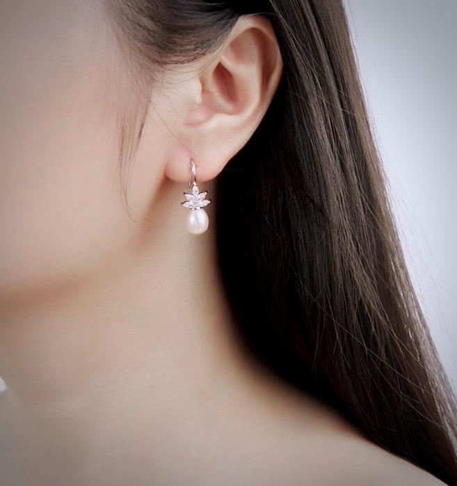 Wedding Jewelry - Pearl and Cubic Zirconia Snowflake Bridal Earrings - More Colors