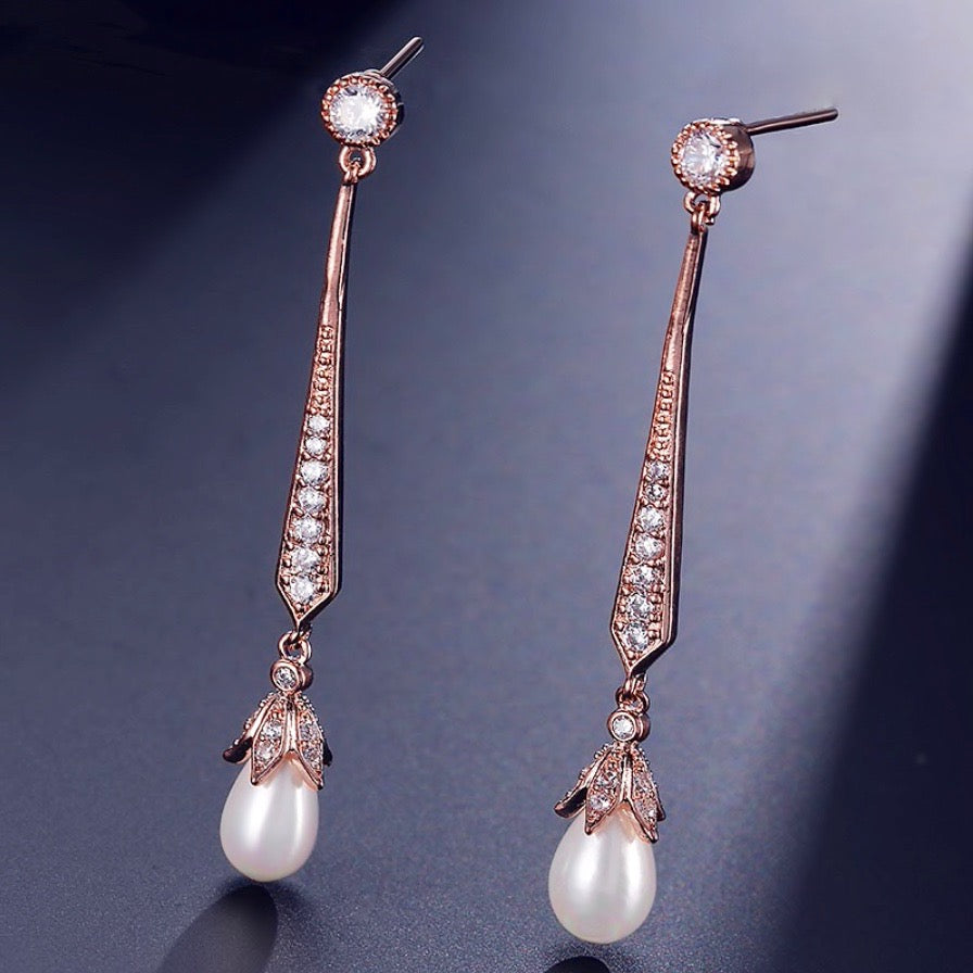 Wedding Jewelry - Art Deco Pearl and Cubic Zirconia Bridal Earrings - Available in Silver, Rose Gold and Yellow Gold