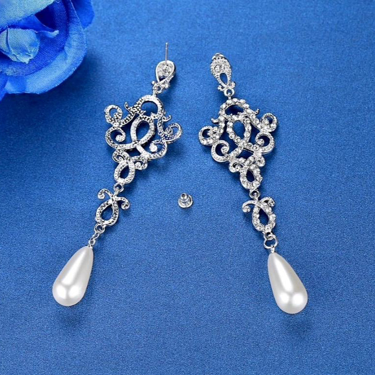 Wedding Jewelry - Rhinestone and Pearl Bridal Earrings