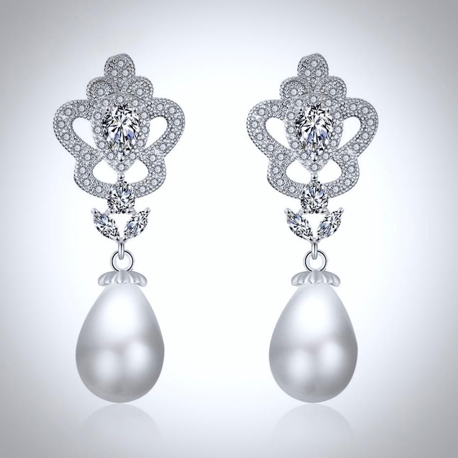 Wedding Jewelry - Pearl and Cubic Zirconia Bridal Earrings