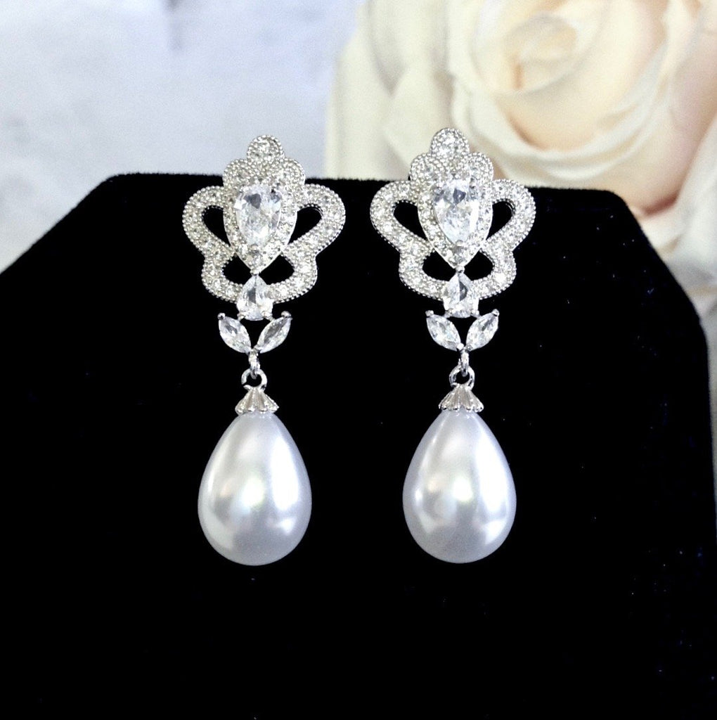 Wedding Jewelry - Pearl and Cubic Zirconia Bridal Earrings