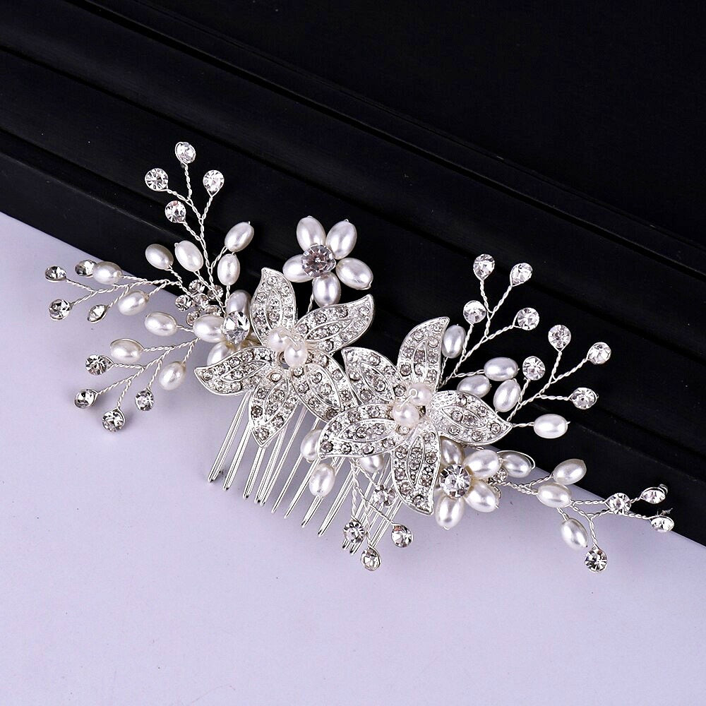 Wedding Hair Accessories - Silver Pearl and Crystal Bridal Hair Comb