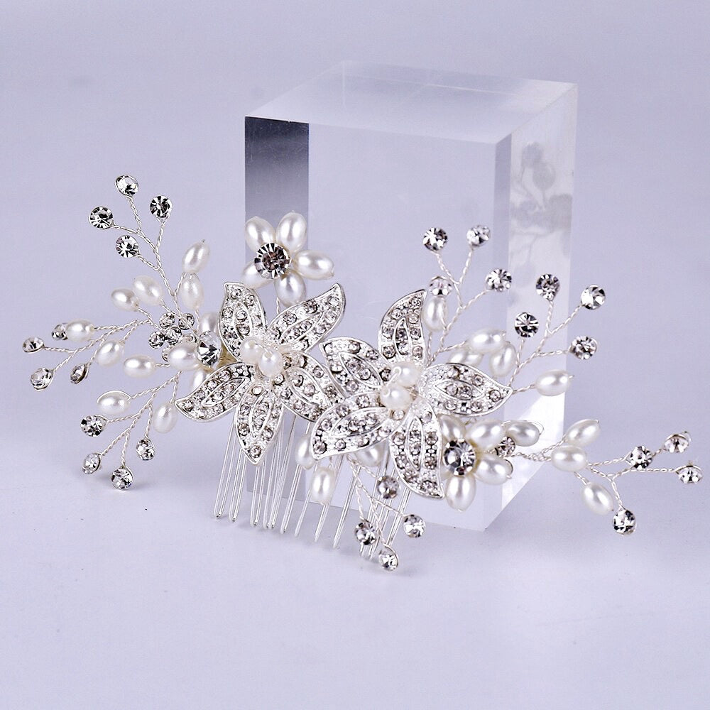 Wedding Hair Accessories - Silver Pearl and Crystal Bridal Hair Comb