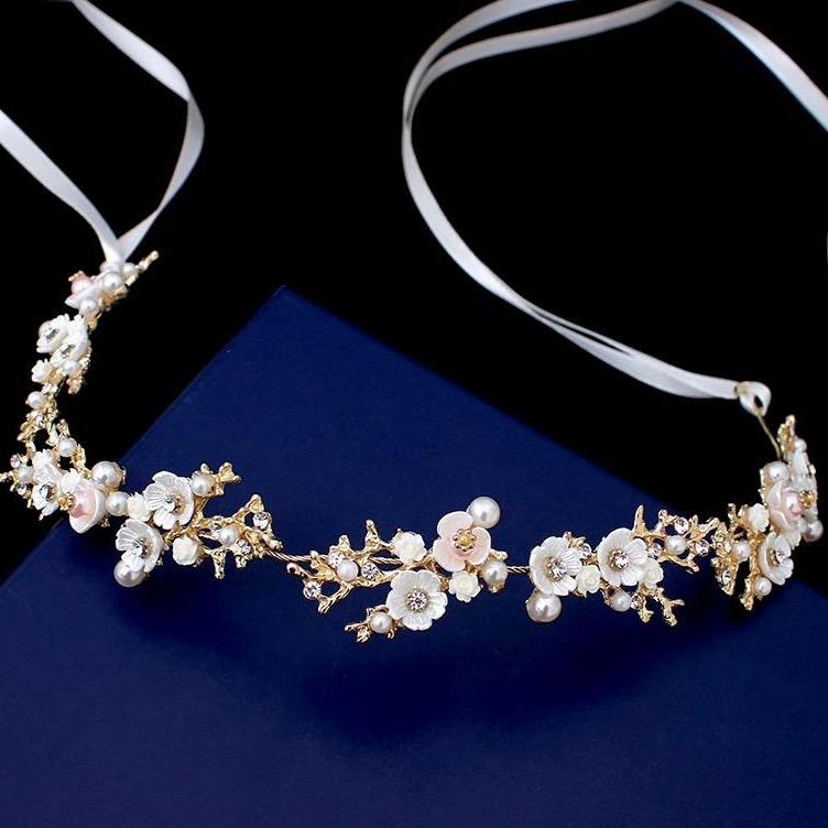 Wedding Hair Accessories - Pearl and Crystal Bridal Headband - Available in Yellow Gold, Rose Gold and Silver