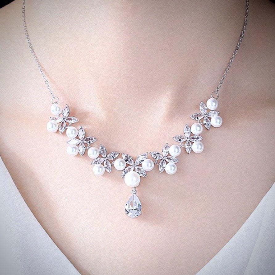 Wedding Jewelry - Silver Cubic Zirconia and Pearl Bridal Jewelry Set
