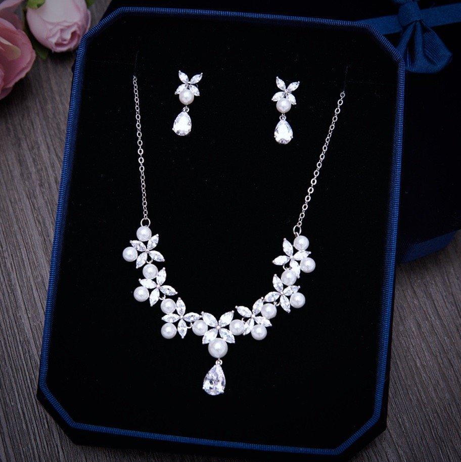 Wedding Jewelry - Silver Cubic Zirconia and Pearl Bridal Jewelry Set