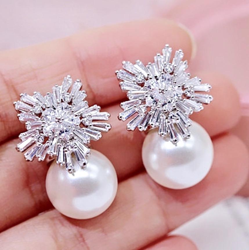 Wedding Jewelry - Pearl and Cubic Zirconia Snowflake Bridal Earrings