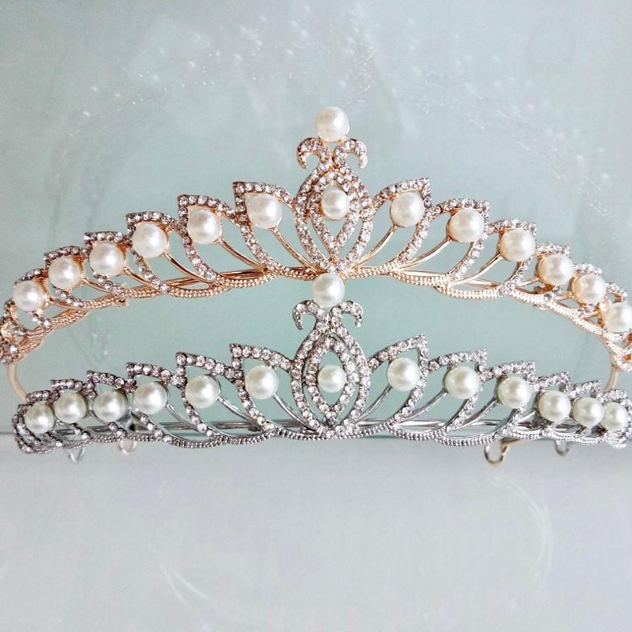 Wedding Hair Accessories - Pearl and Cubic Zirconia Bridal Tiara - Available in Silver and Rose Gold