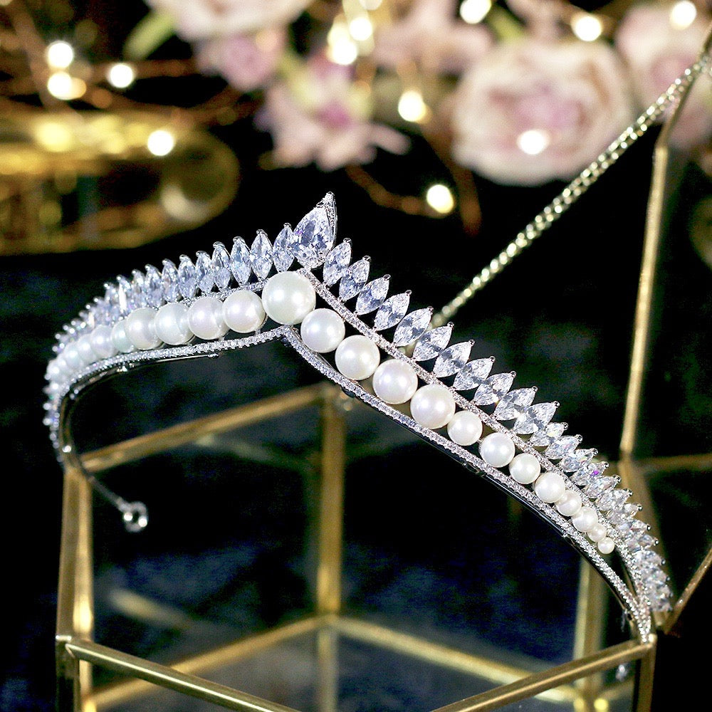 Wedding Hair Accessories - Silver Pearl and Cubic Zirconia Tiara