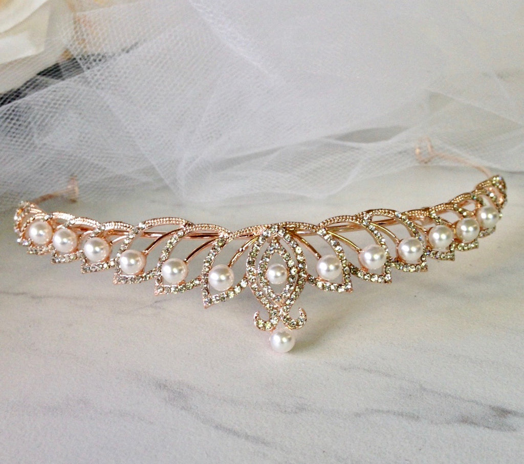 Wedding Hair Accessories - Pearl and Cubic Zirconia Bridal Tiara - Available in Silver and Rose Gold