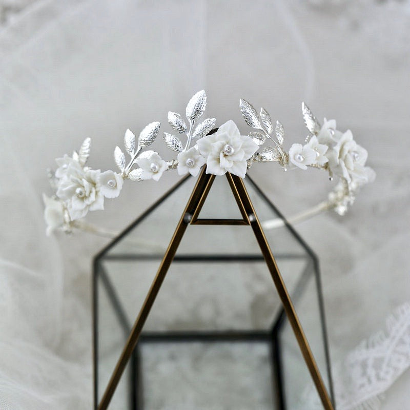 Wedding Hair Accessories - Ceramic Flowers and Pearls Silver Bridal Headband